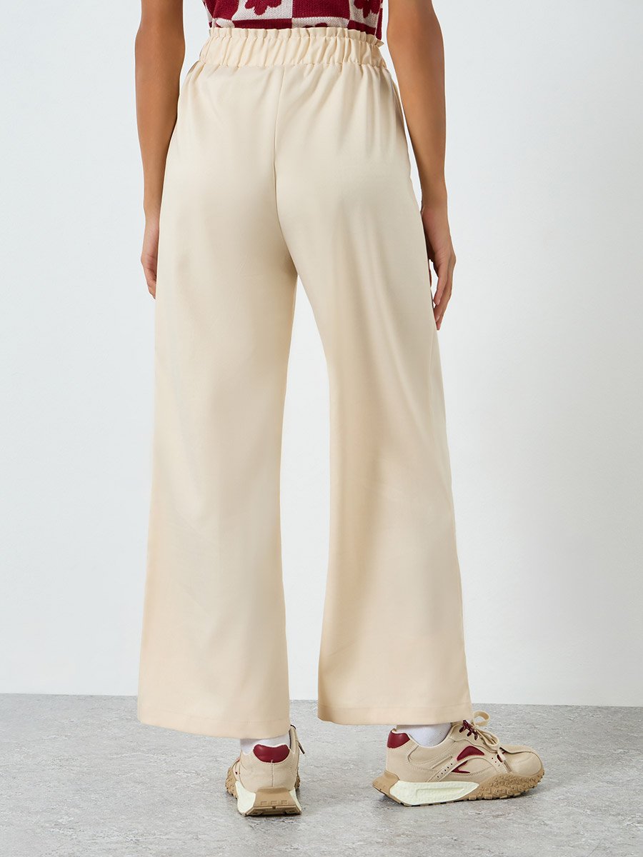 Women Beige Wide Leg Pants with Drawstring