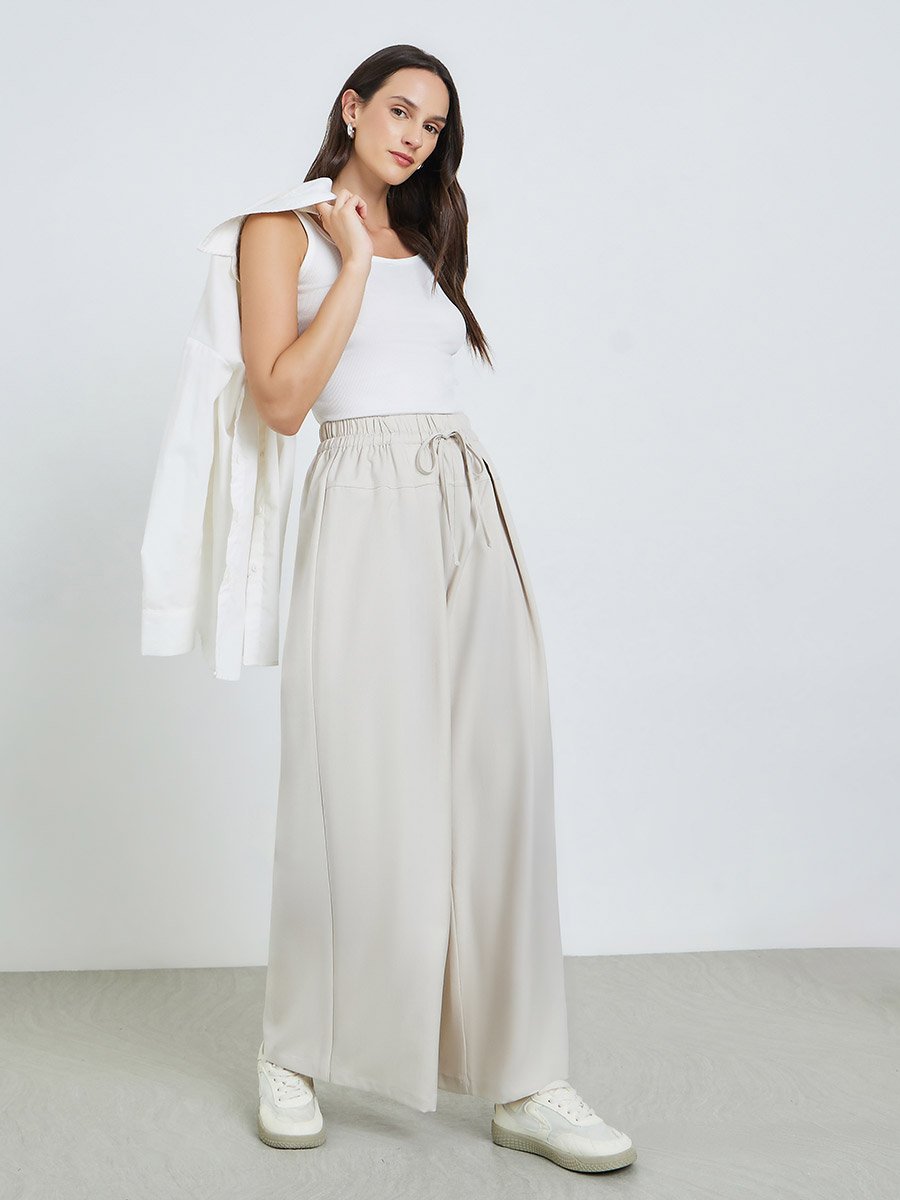Beige Wide Leg Pants with Drawstring