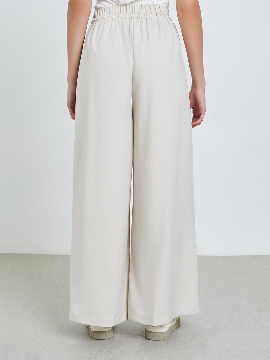 Beige Wide Leg Pants with Drawstring
