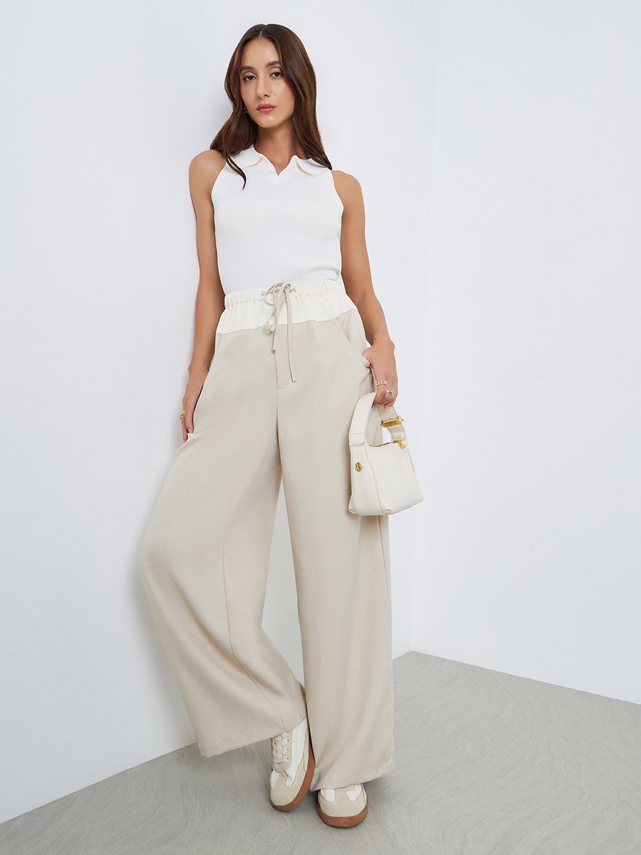 Women Beige Wide Leg Trousers