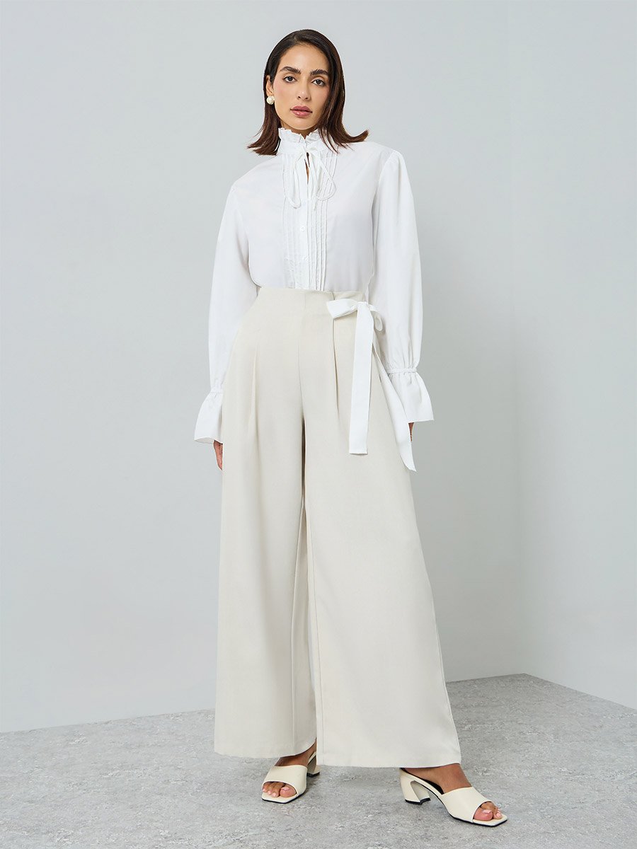 Women Beige Wide Leg Pants