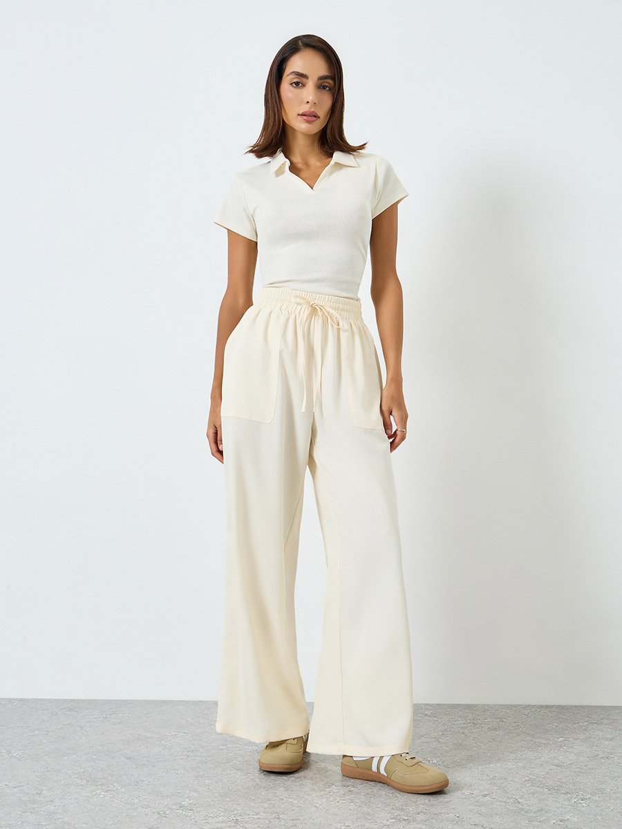Women Beige Wide Leg Pants with Drawstring Waist