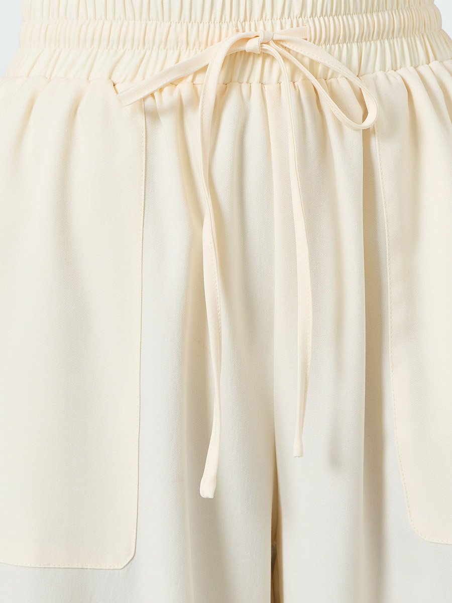 Women Beige Wide Leg Pants with Drawstring Waist