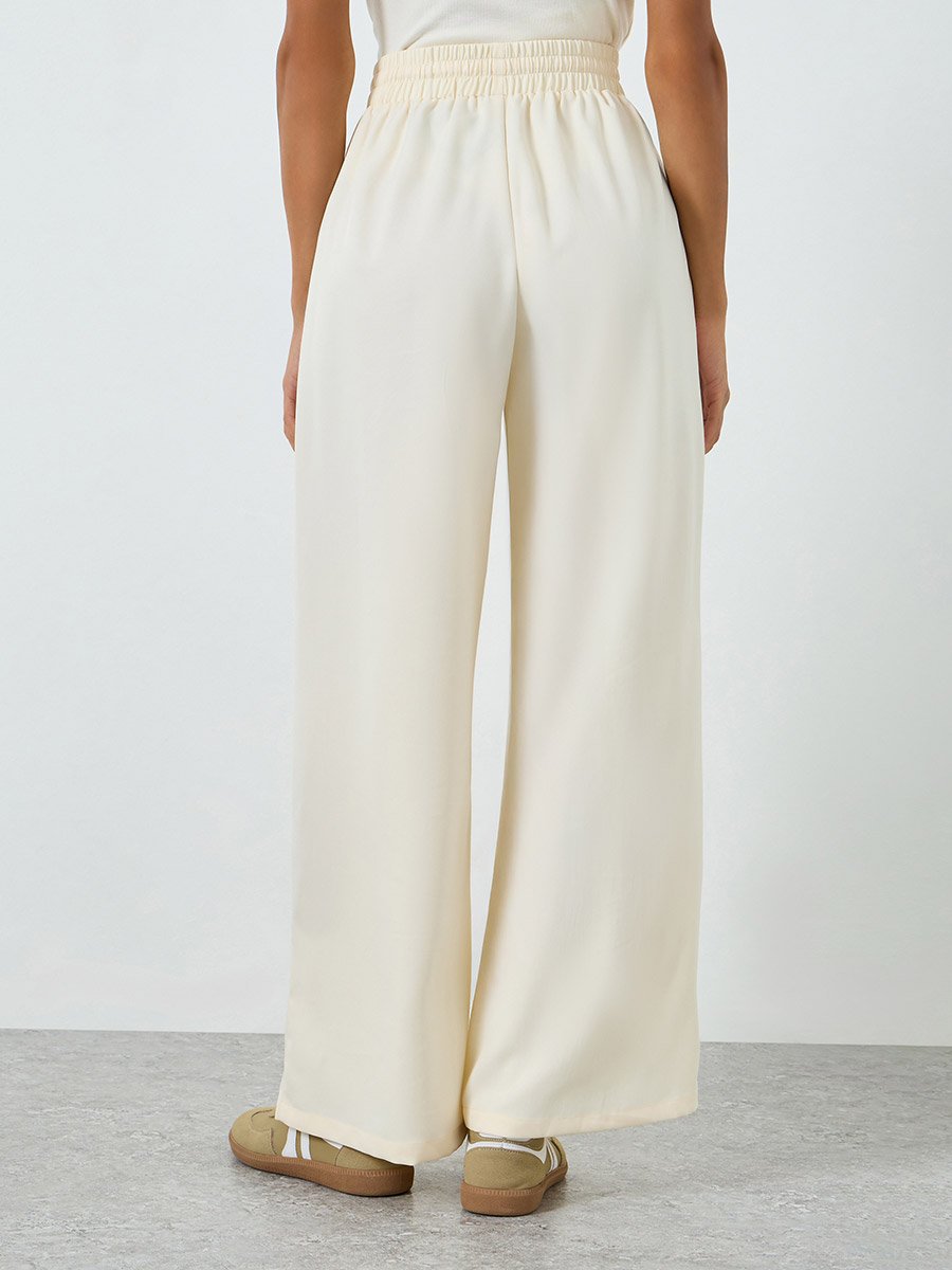 Women Beige Wide Leg Pants with Drawstring Waist