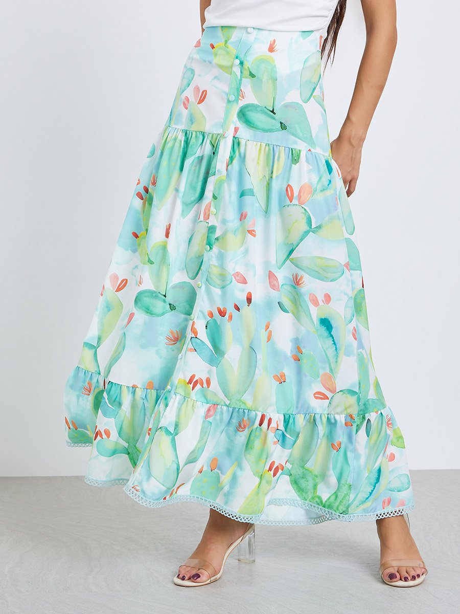Women Floral Print Buttoned Ruffled Hem Maxi Skirt