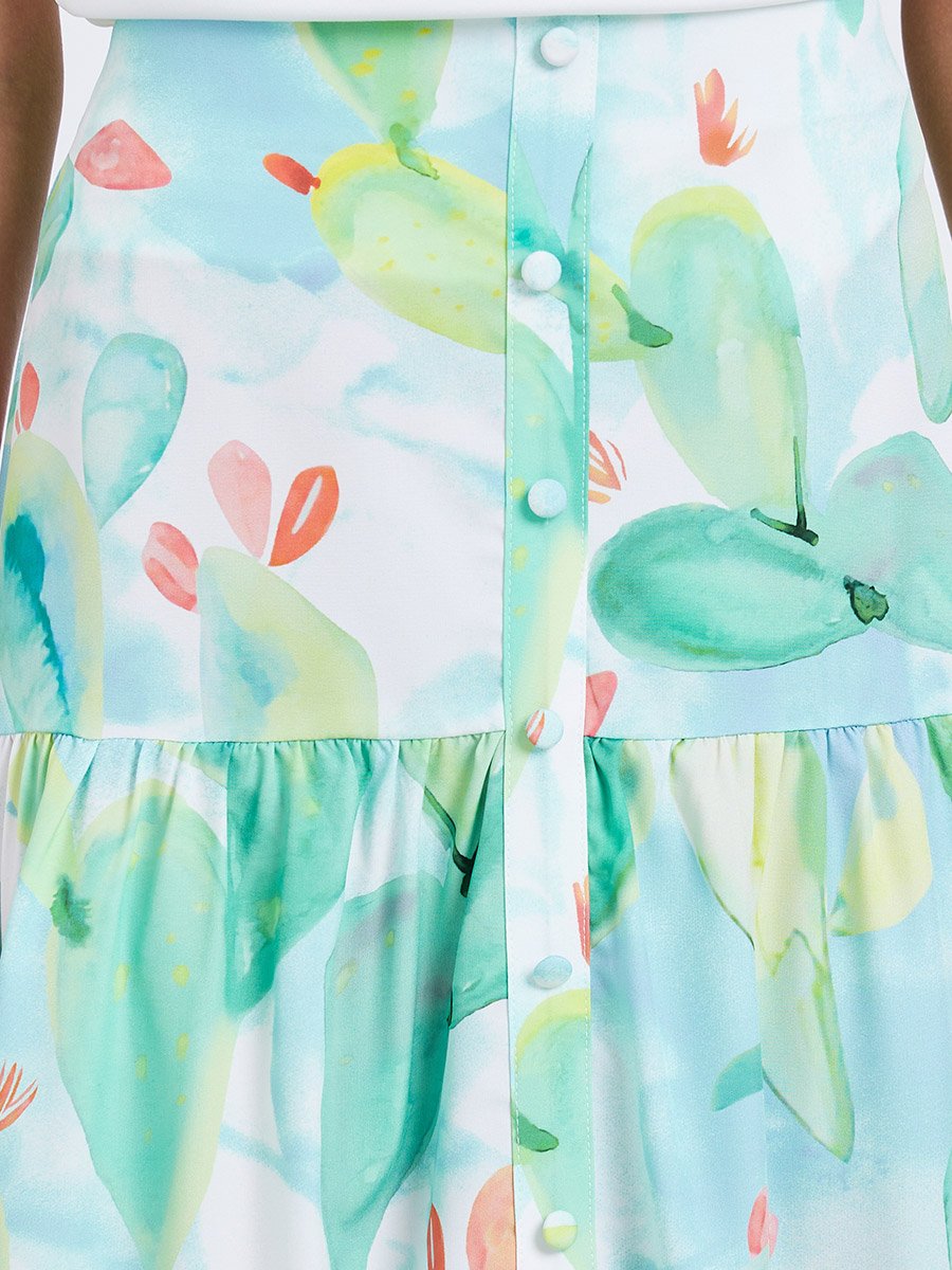 Women Floral Print Buttoned Ruffled Hem Maxi Skirt