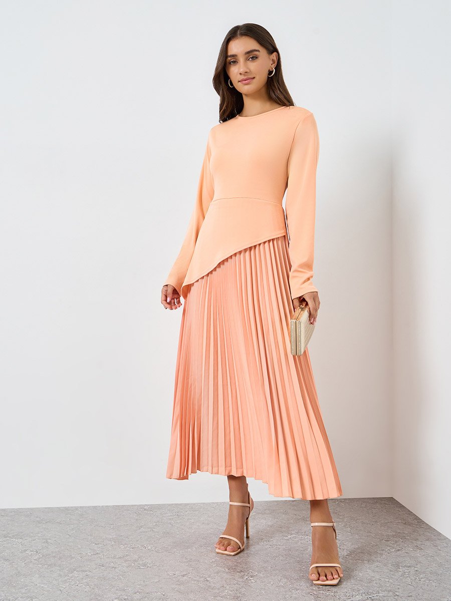Women Peach Pleated Long Sleeve Midi Dress