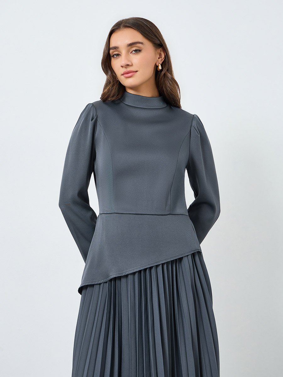 Women Grey Pleated Long Sleeve Midi Dress