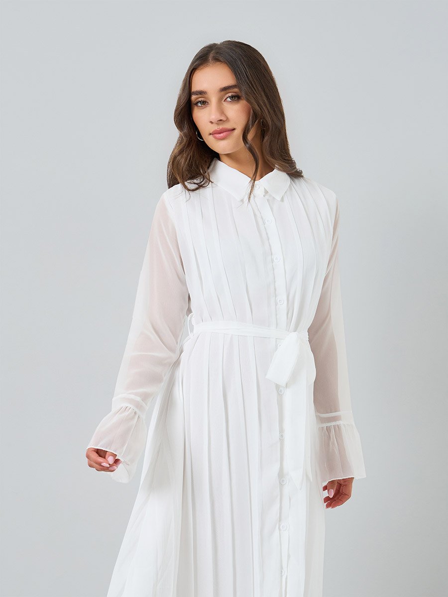 Women White Pleated Collared Midi Dress