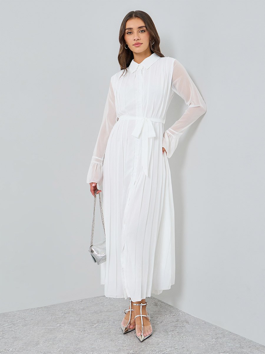 Women White Pleated Collared Midi Dress
