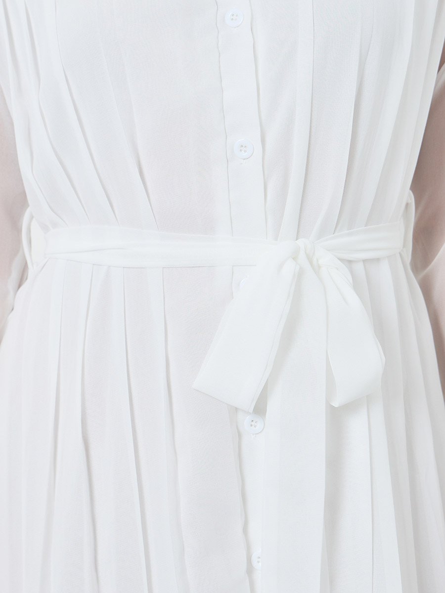 Women White Pleated Collared Midi Dress