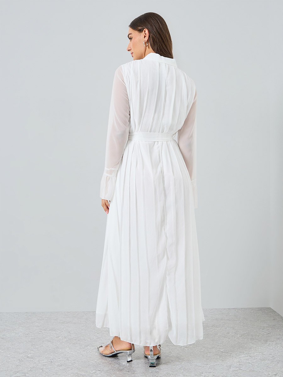 Women White Pleated Collared Midi Dress