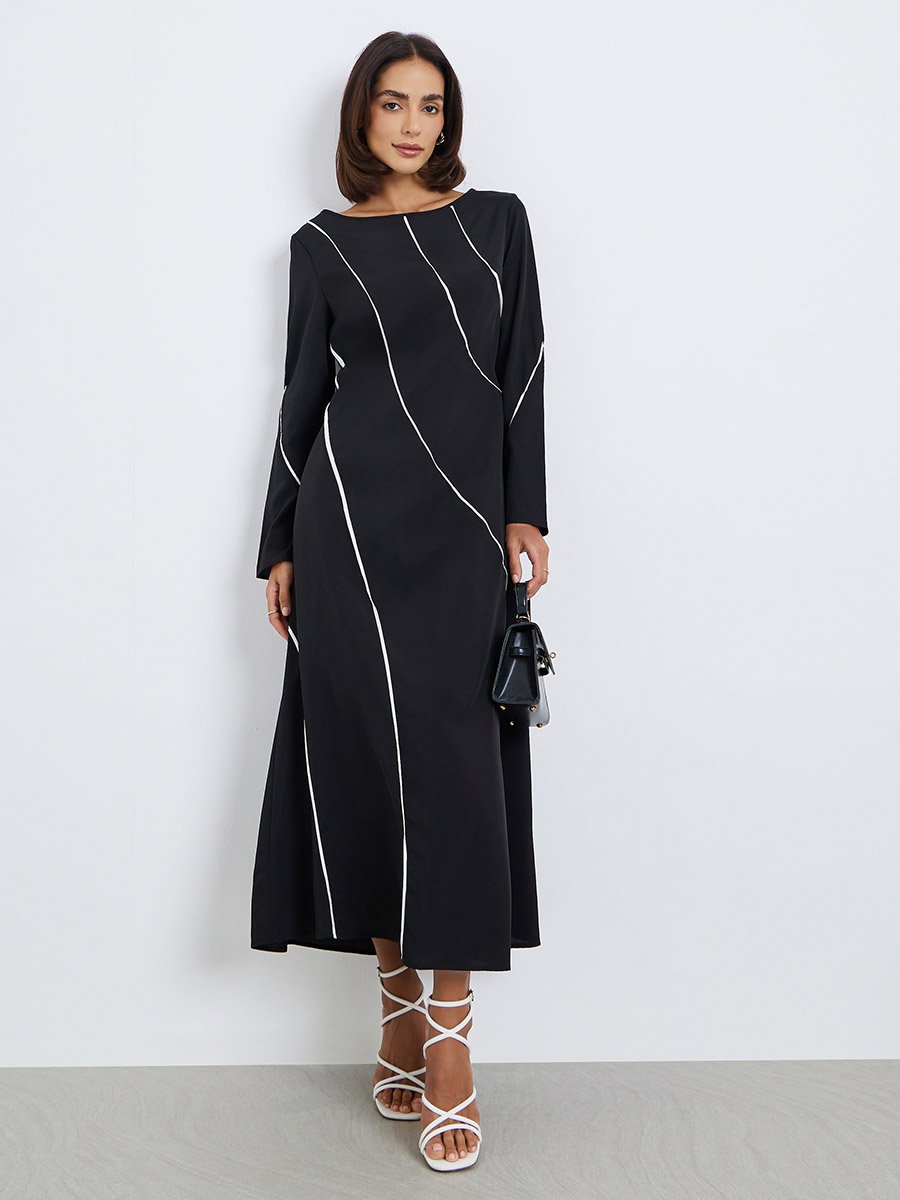Women Black Contrast Piping A-Line Midi Dress For Women at Bahrain | Styli