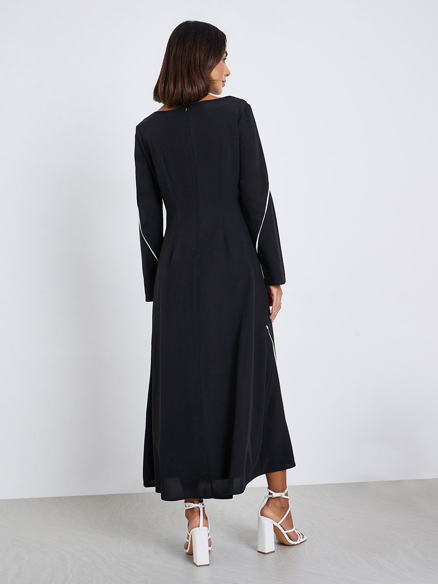 Women Black Contrast Piping A-Line Midi Dress For Women at Bahrain | Styli