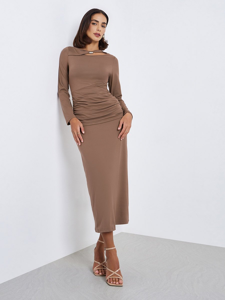 chinese dress ladies Ori Modal Peekaboo Long-Sleeve Midi Dress in Chocolate Brown