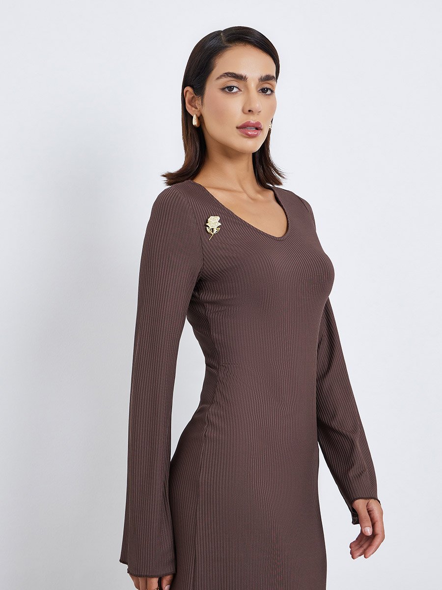 Women Brown Ribbed Knit Maxi Dress For Women at UAE | Styli