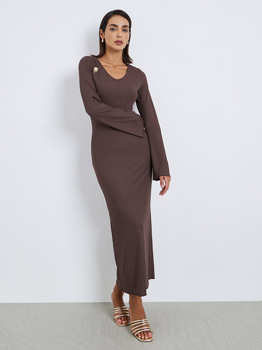 Women Brown Ribbed Knit Maxi Dress For Women at UAE | Styli