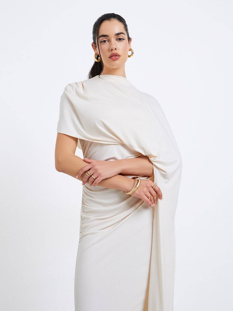 Women Beige Irregular Shawl Maxi Dress For Women at Kuwait | Styli Women Beige Irregular Shawl Maxi Dress For Women at Kuwait | Styli