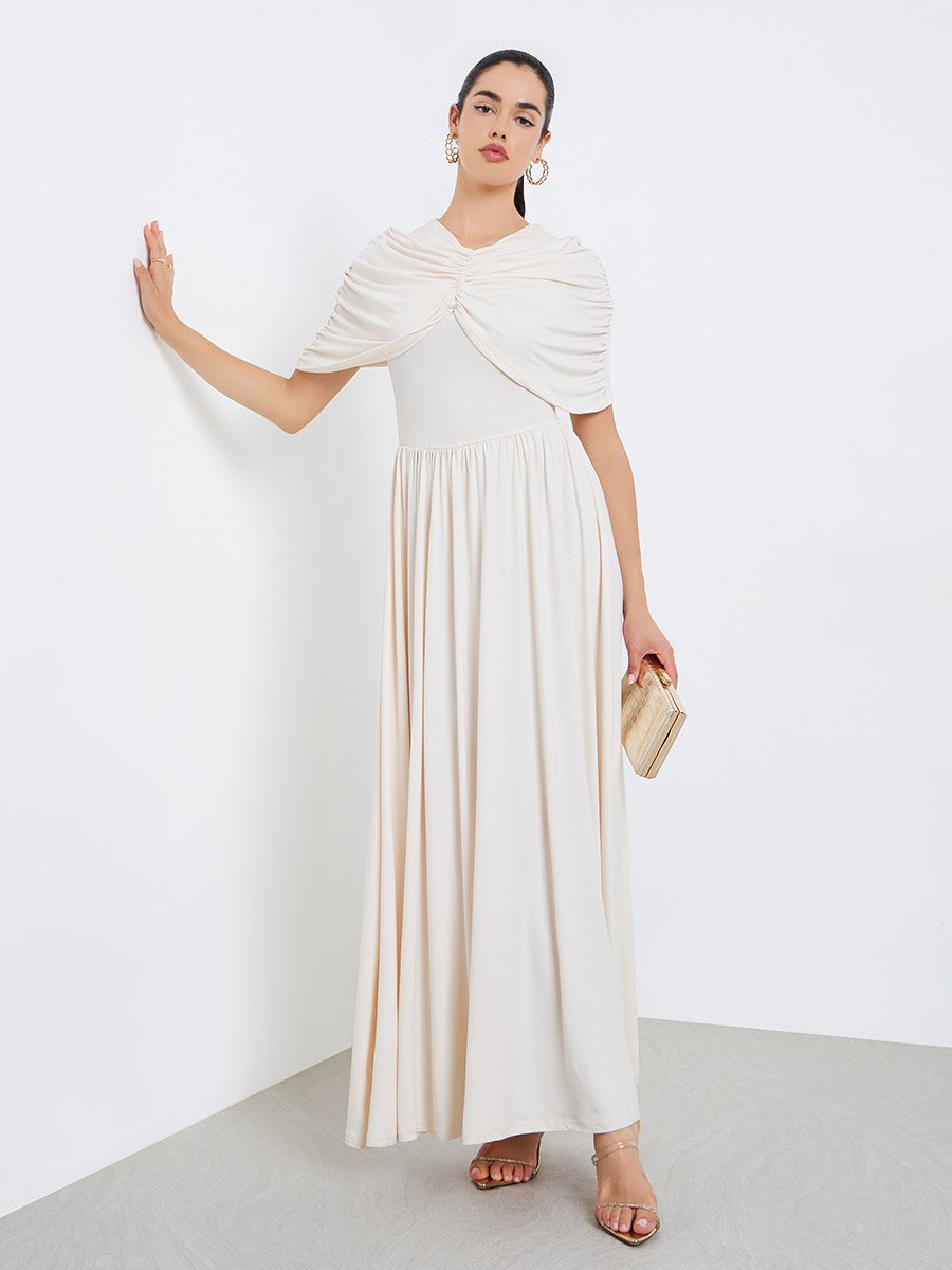 Women Beige Gathered Shawl Maxi Dress For Women at UAE | Styli Women Beige Gathered Shawl Maxi Dress For Women at UAE | Styli