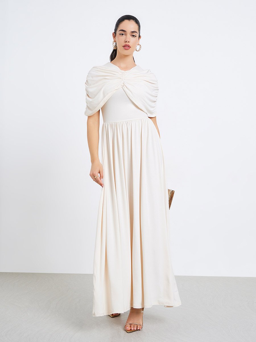 Women Beige Gathered Shawl Maxi Dress