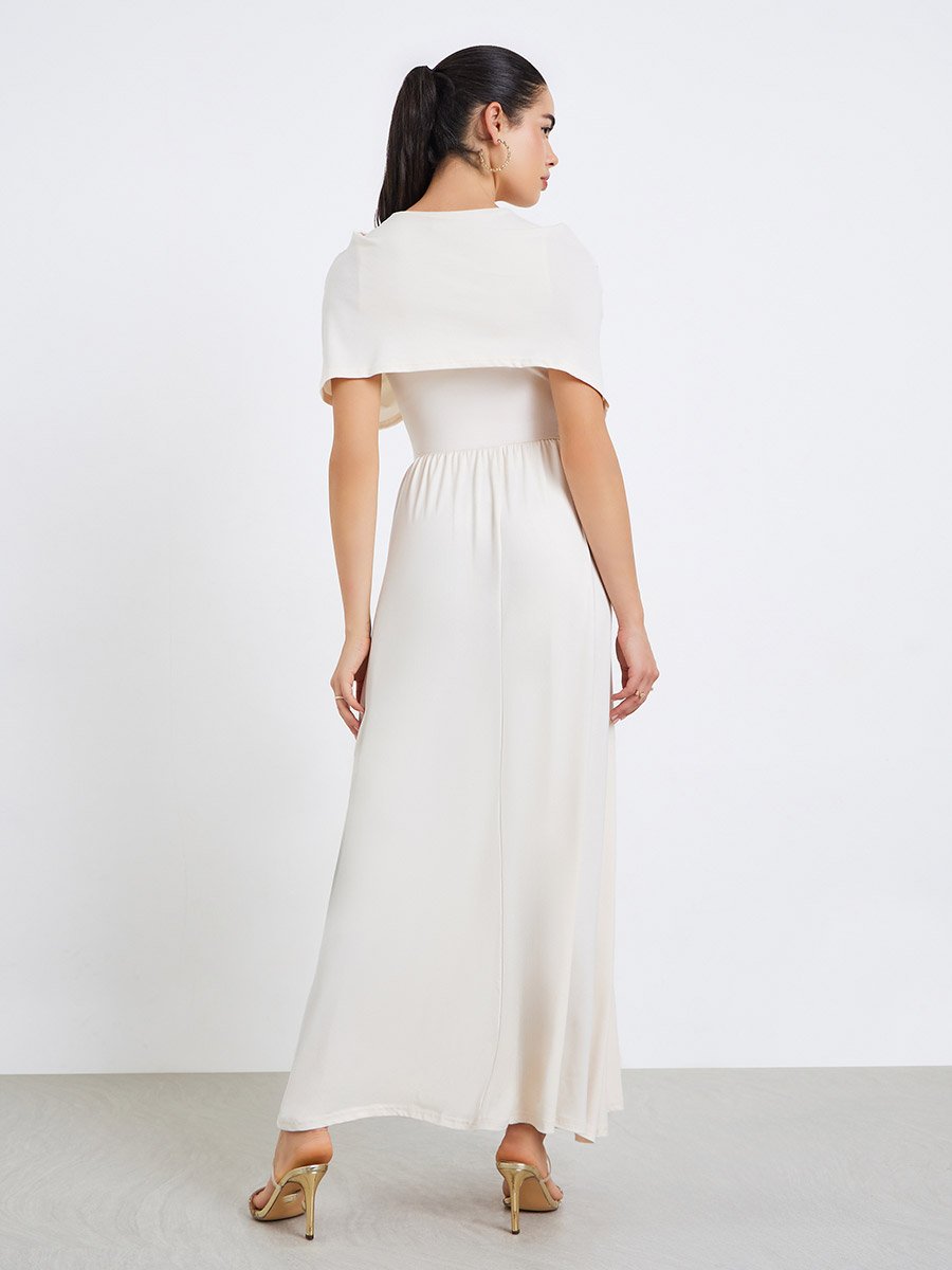 Women Beige Gathered Shawl Maxi Dress