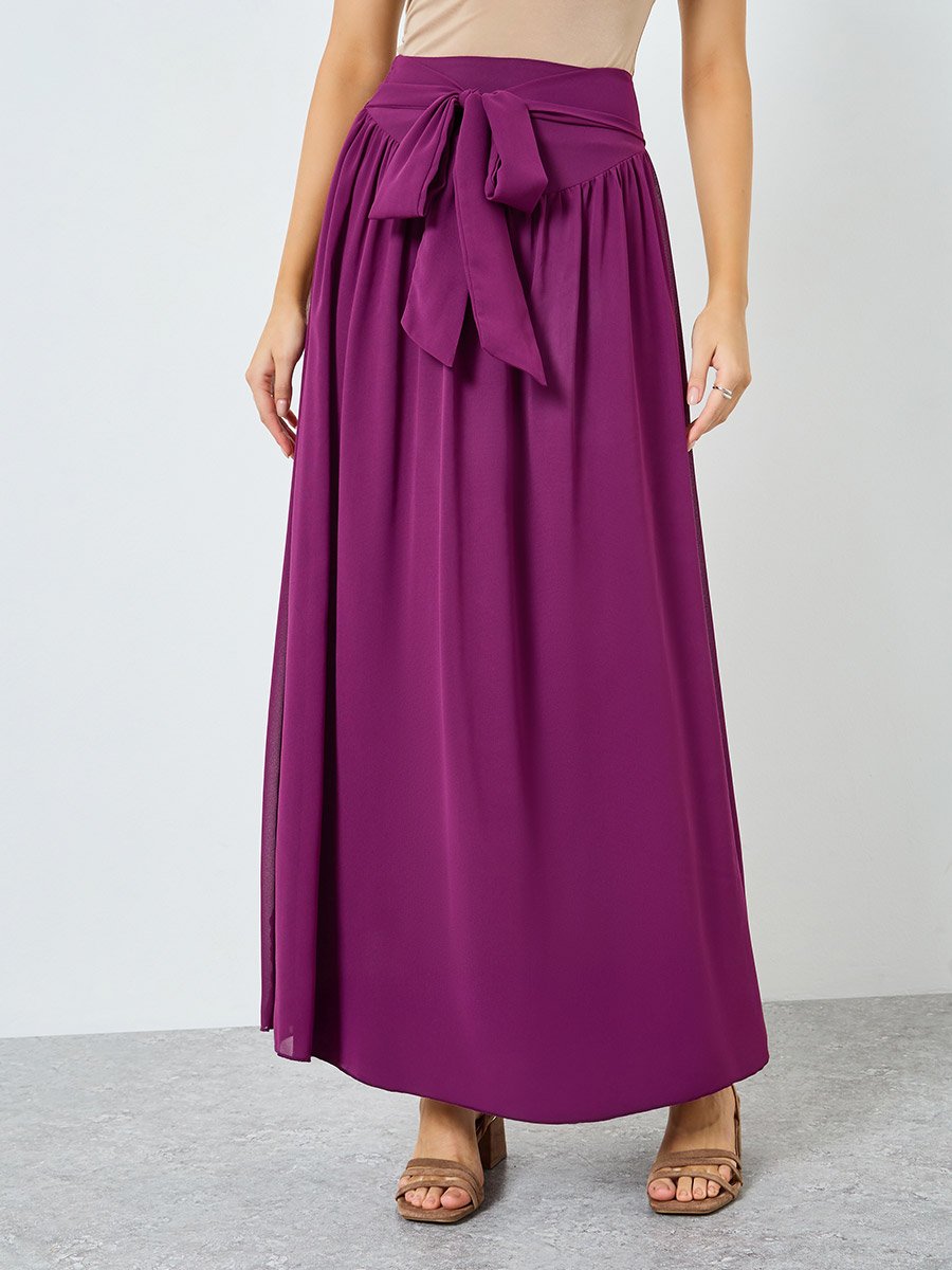 Women Burgundy A-Line Maxi Skirt with Waist Tie