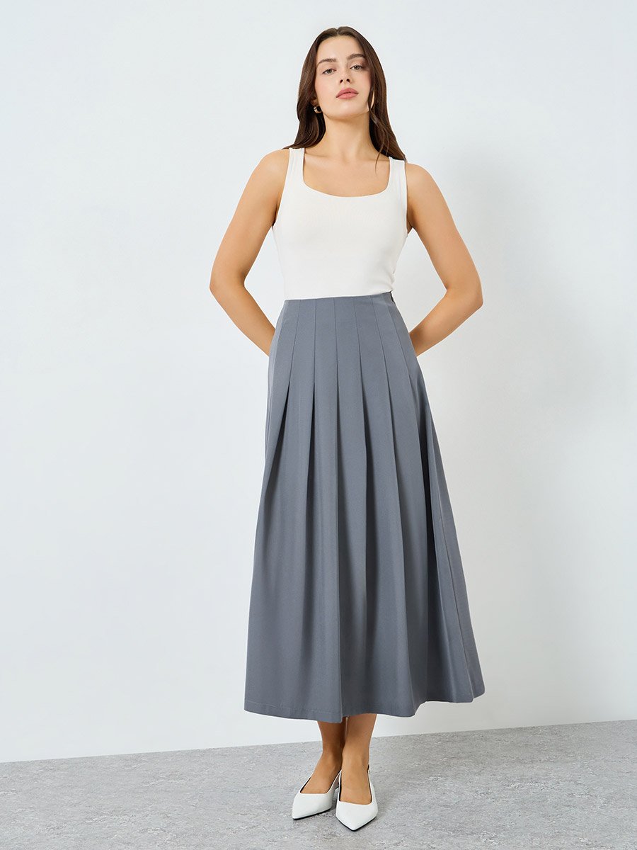 Women Grey Pleated A-Line Maxi Skirt