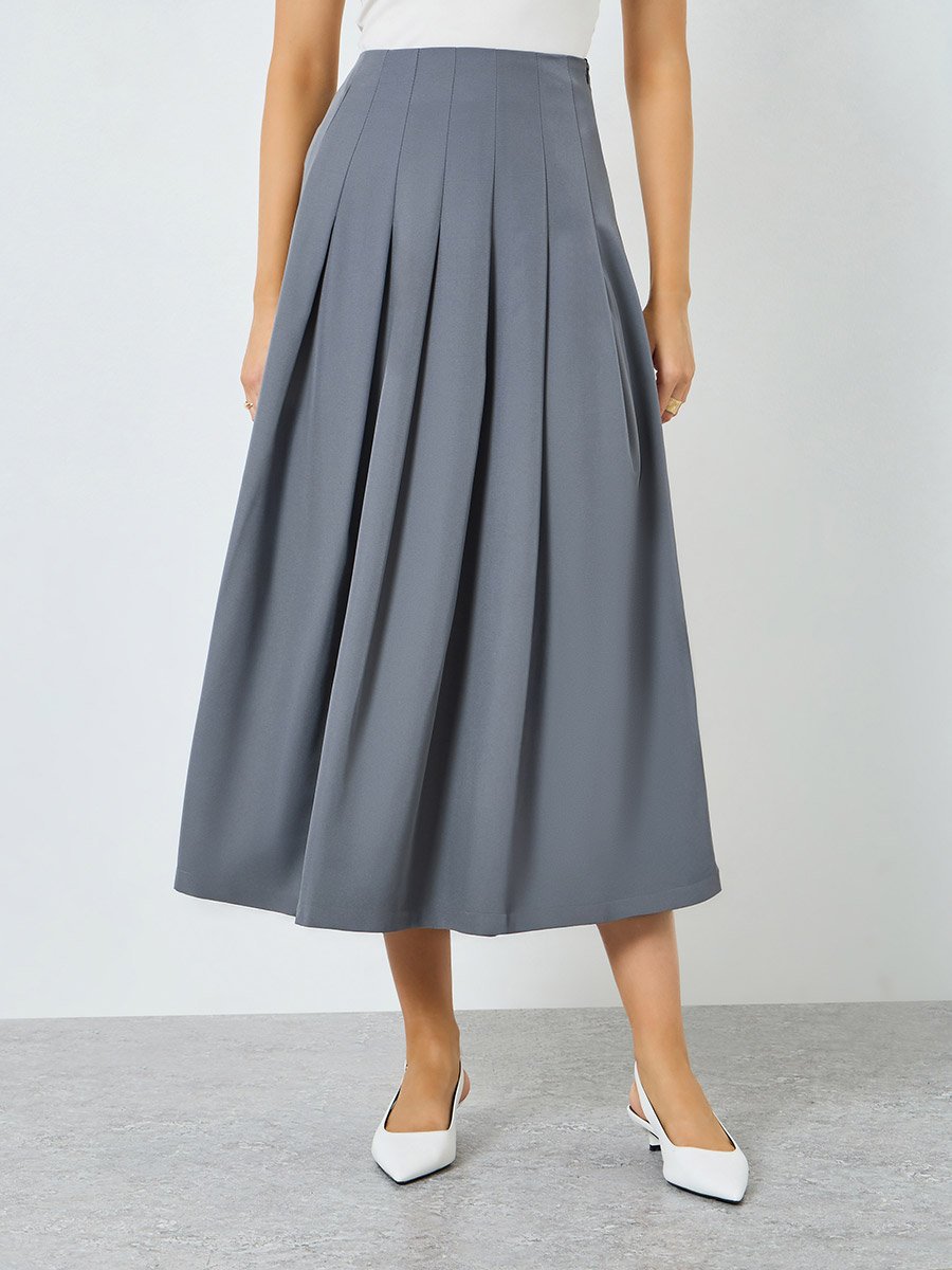 Women Grey Pleated A-Line Maxi Skirt