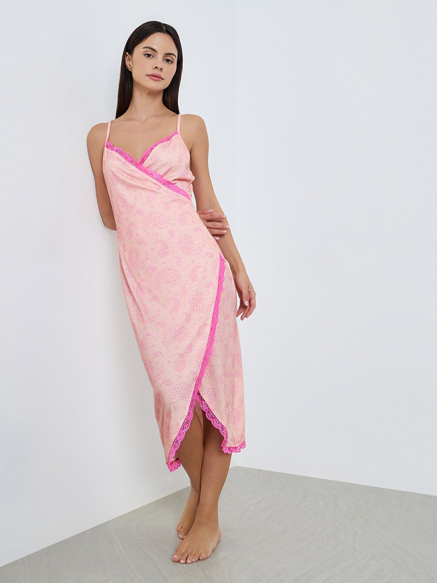 Women Peach Lace Trim Slip Dress