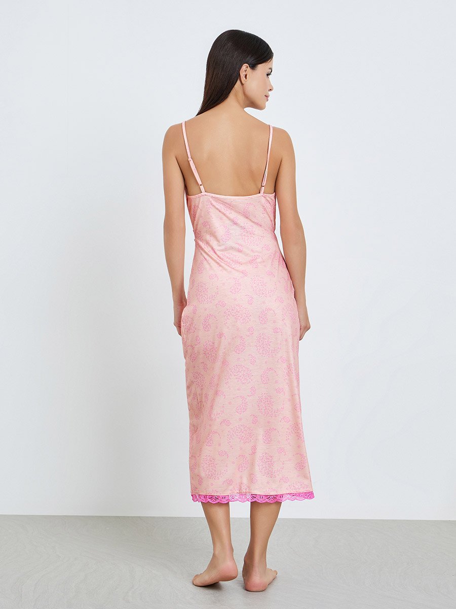 Women Peach Lace Trim Slip Dress