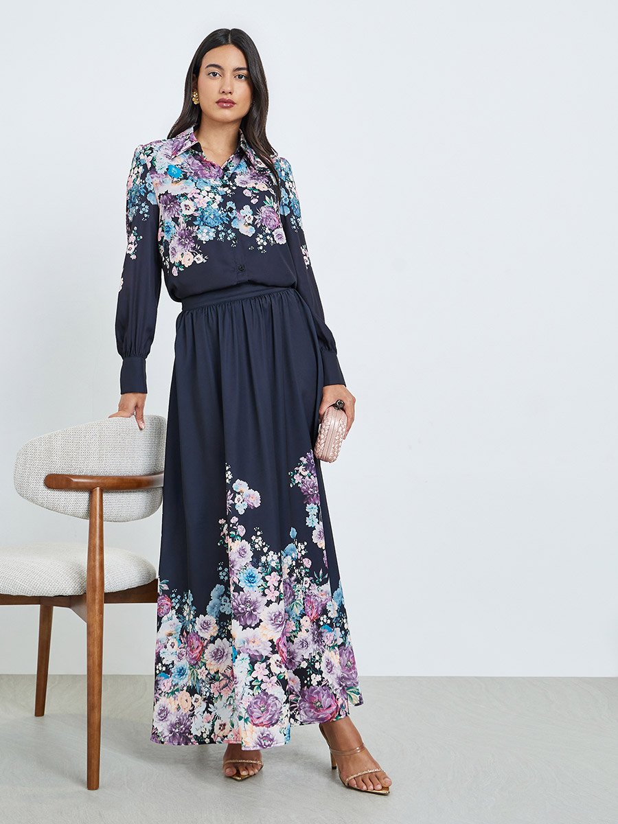 Navy Blue Floral Print Shirt and Maxi Skirt Co-ords