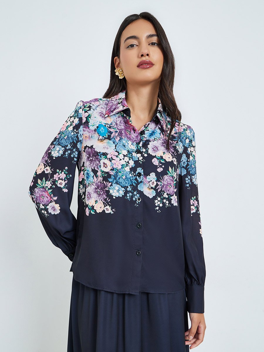 Navy Blue Floral Print Shirt and Maxi Skirt Co-ords