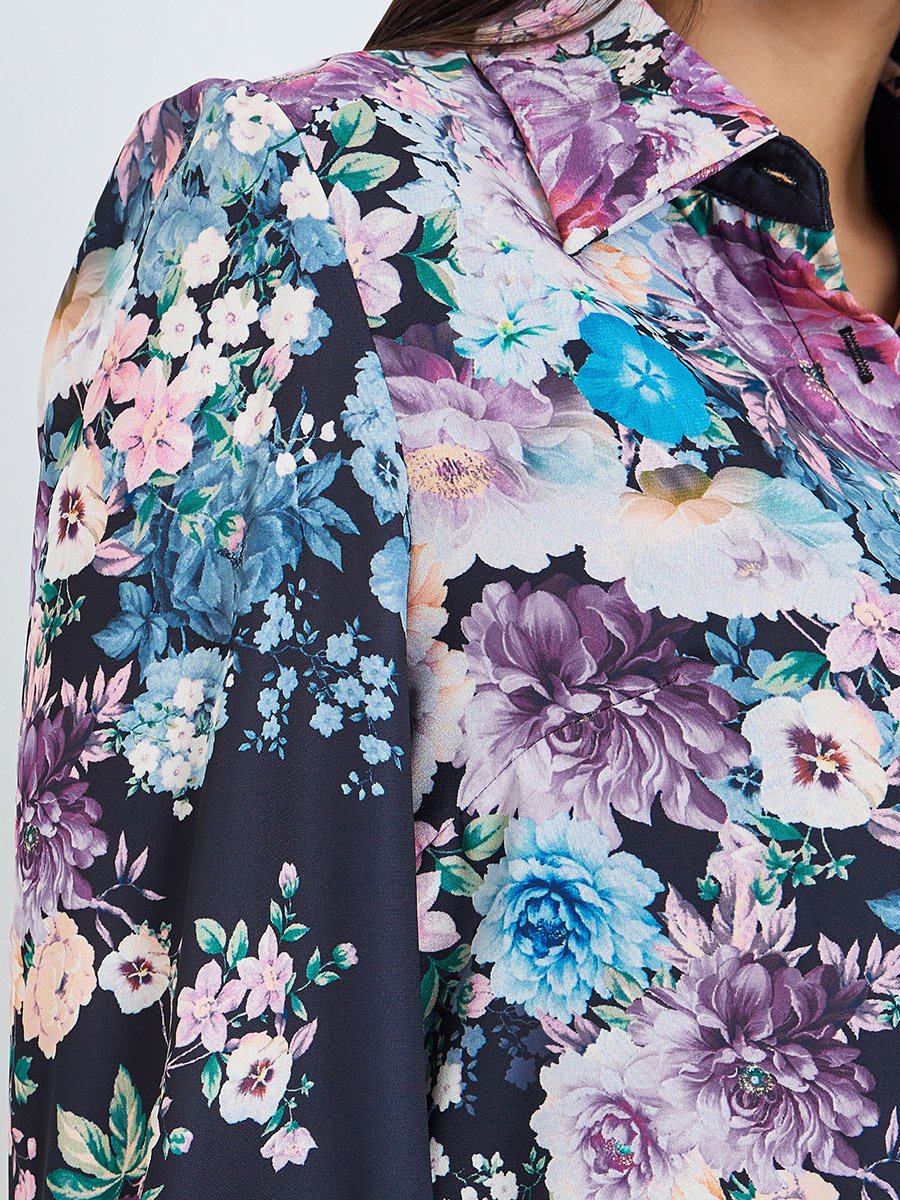 Navy Blue Floral Print Shirt and Maxi Skirt Co-ords