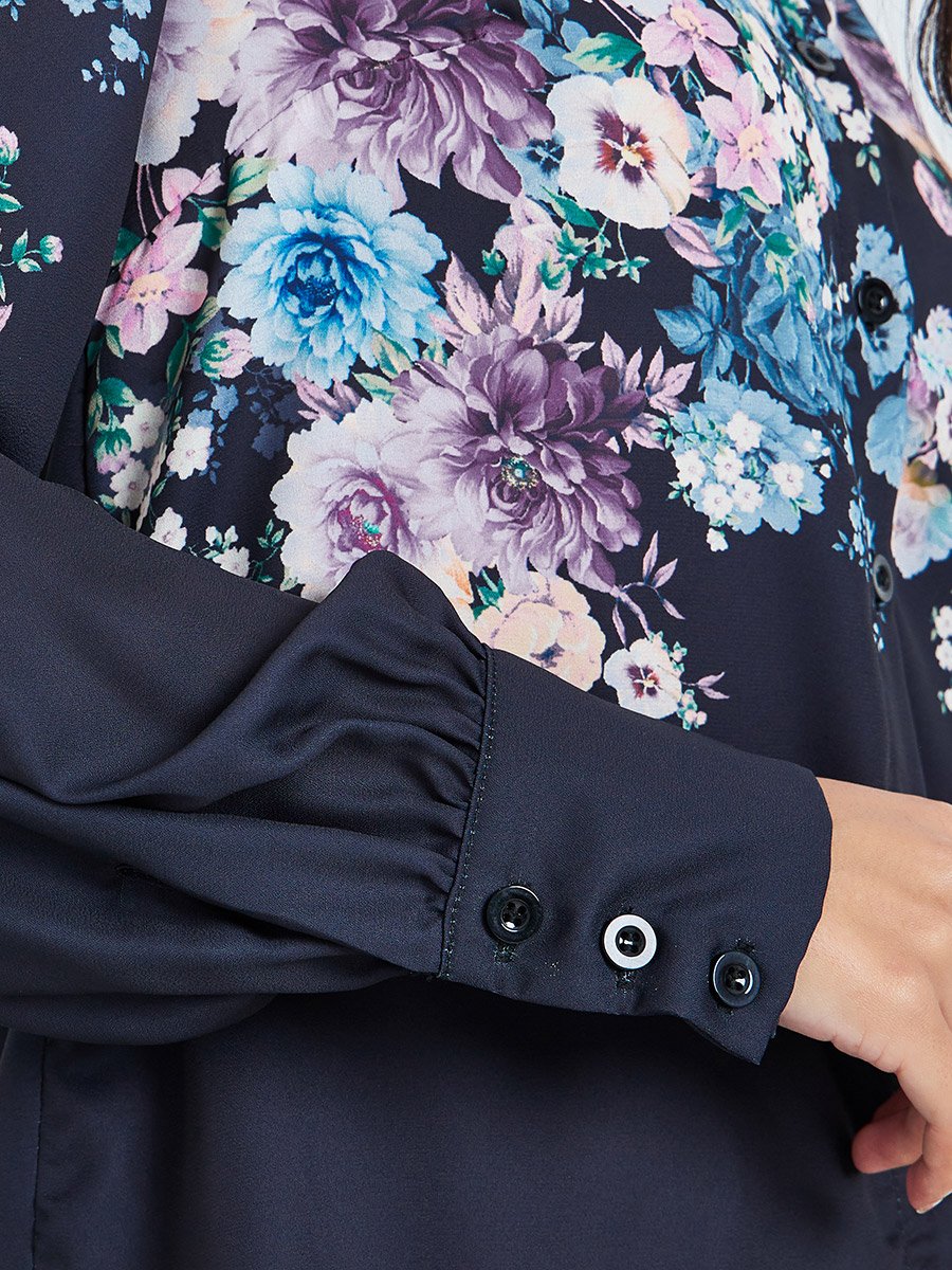 Navy Blue Floral Print Shirt and Maxi Skirt Co-ords