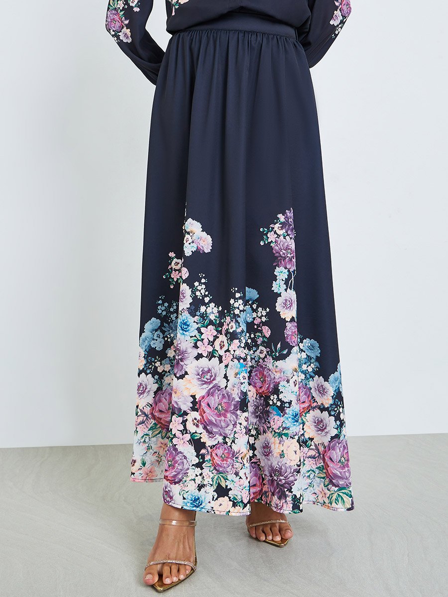 Navy Blue Floral Print Shirt and Maxi Skirt Co-ords