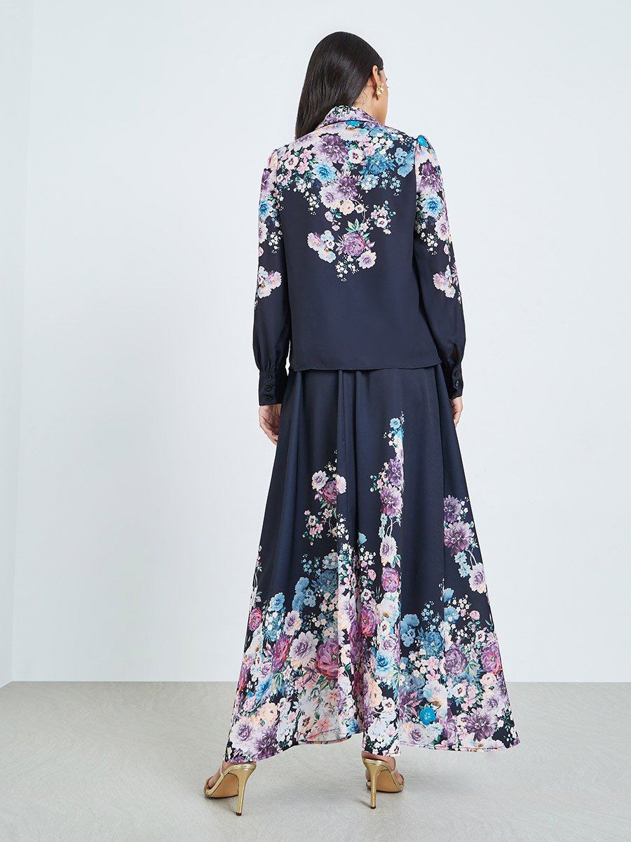 Navy Blue Floral Print Shirt and Maxi Skirt Co-ords