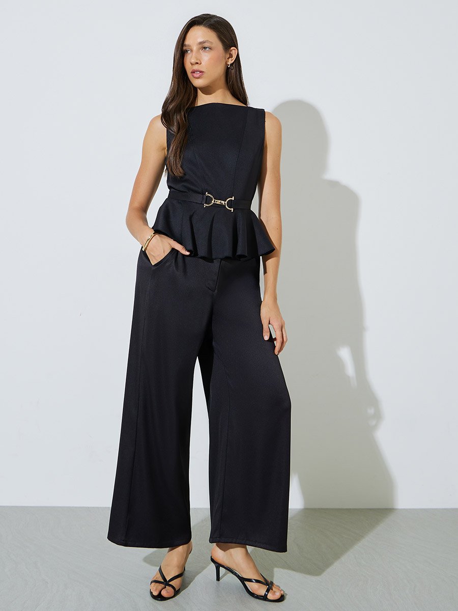 Black Buckle Waist Peplum Top and Trousers Co-ord Set