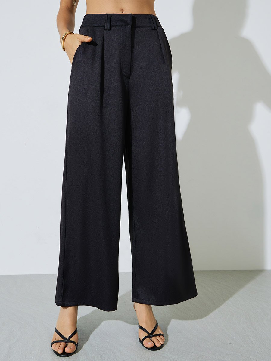 Black Buckle Waist Peplum Top and Trousers Co-ord Set