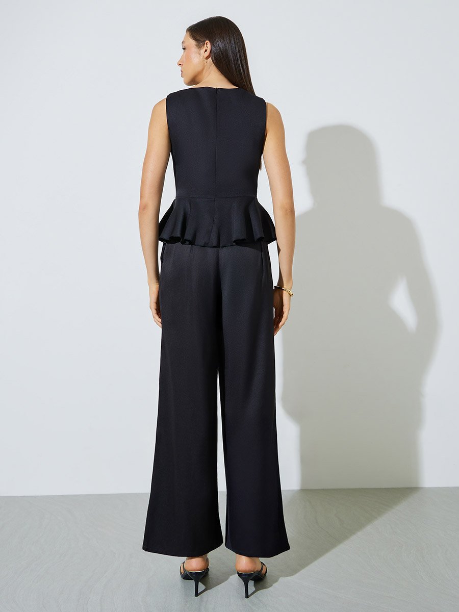 Black Buckle Waist Peplum Top and Trousers Co-ord Set