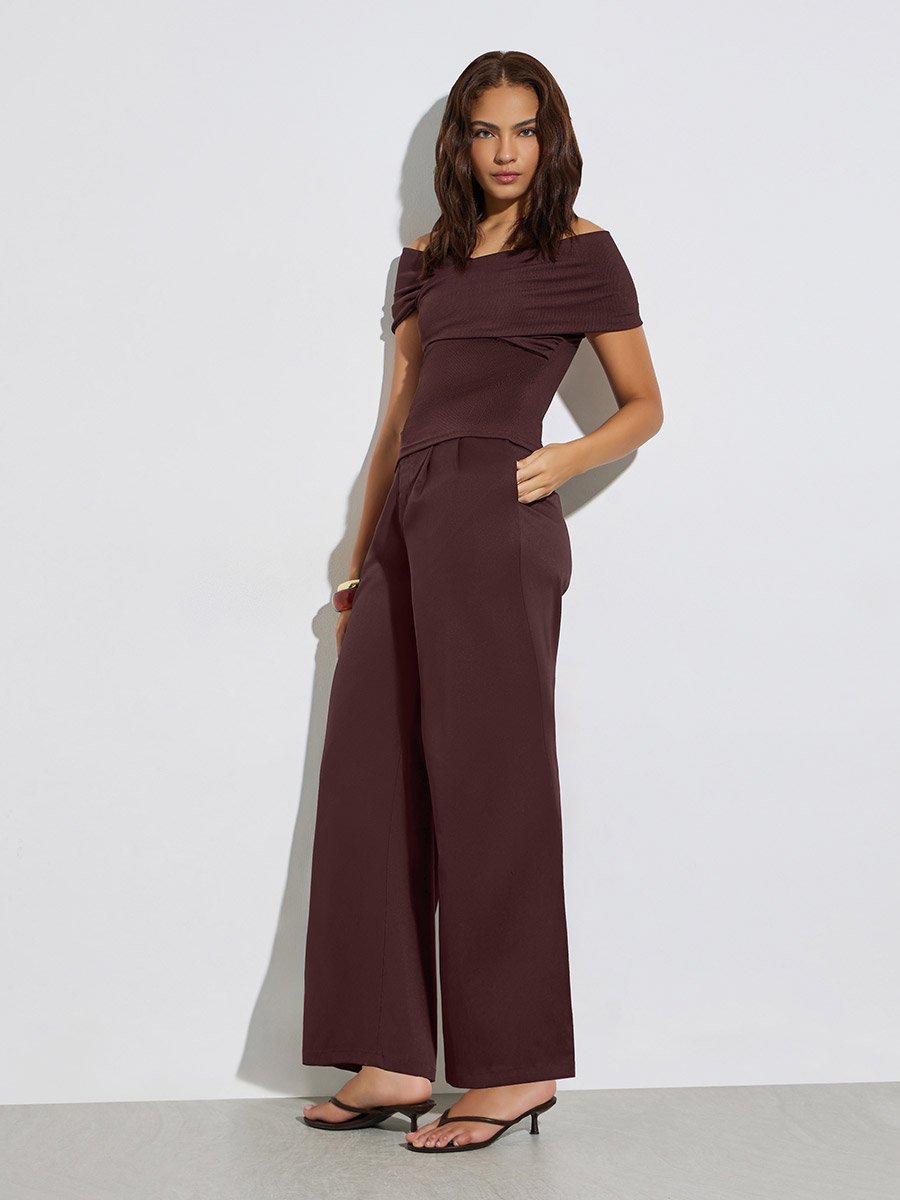 Women Burgundy One-Shoulder Fitted Knit Top