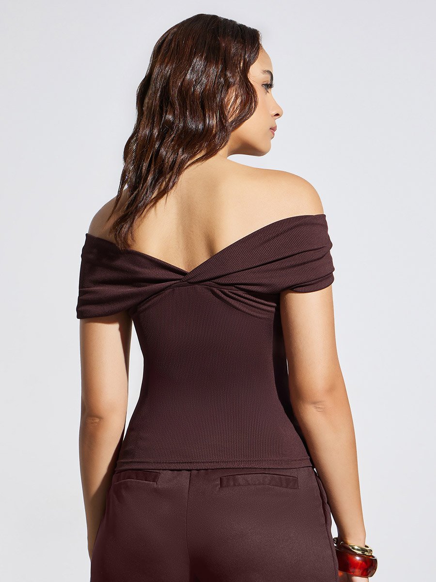 Women Burgundy One-Shoulder Fitted Knit Top