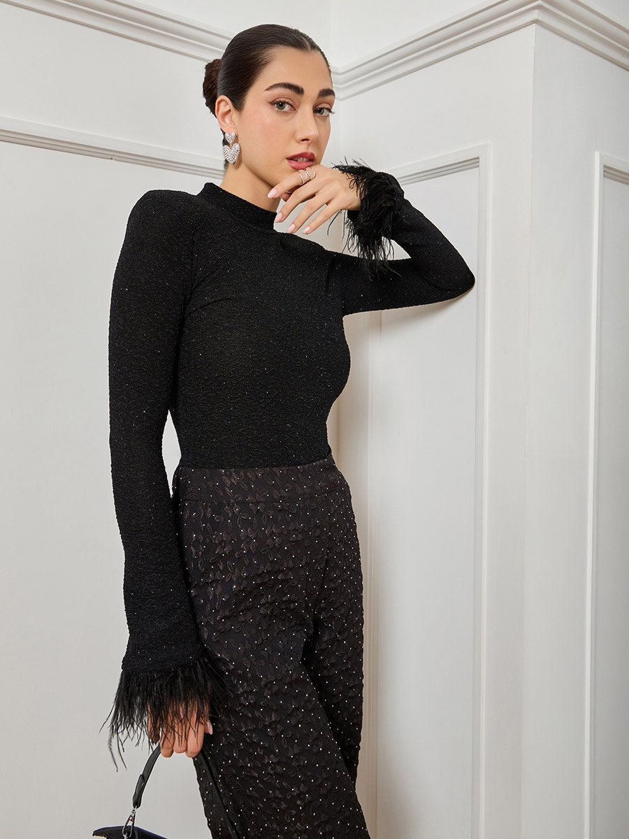 Women Black Knit Top with Feather Cuffs