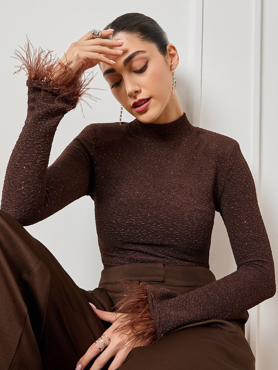 Women Brown Knit Top with Feather Cuffs