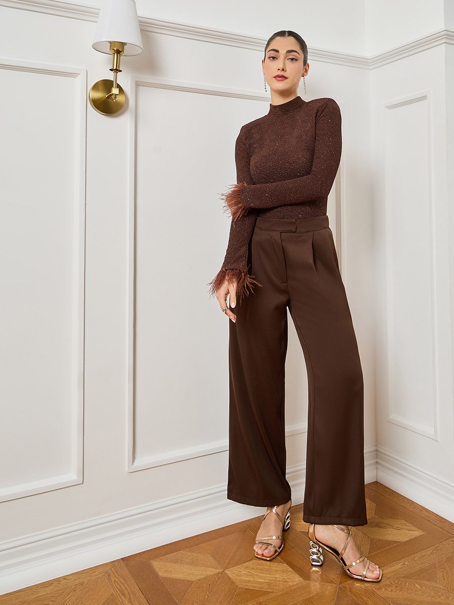Women Brown Knit Top with Feather Cuffs