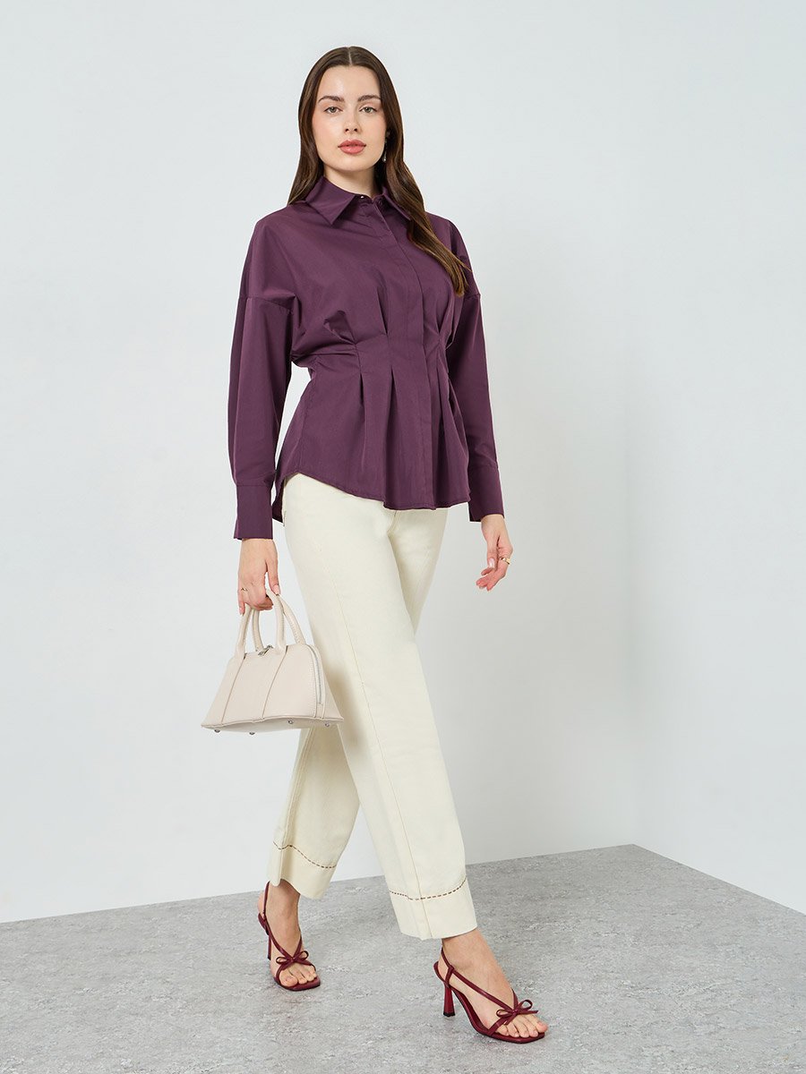 Women Purple Long Sleeve Fold Pleated Shirt
