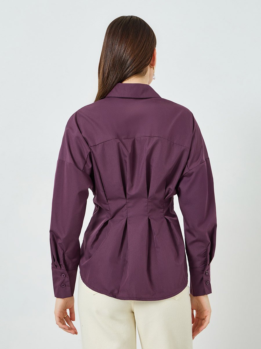 Women Purple Long Sleeve Fold Pleated Shirt