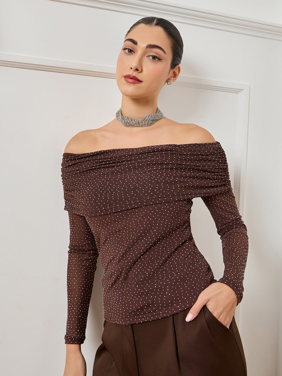 Women Brown Off Shoulder Neck Sequin Top