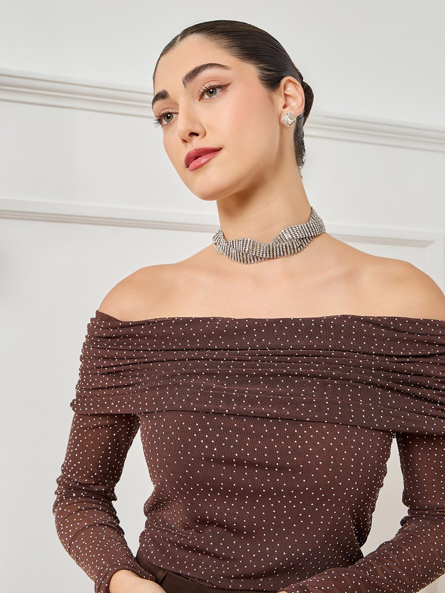 Women Brown Off Shoulder Neck Sequin Top