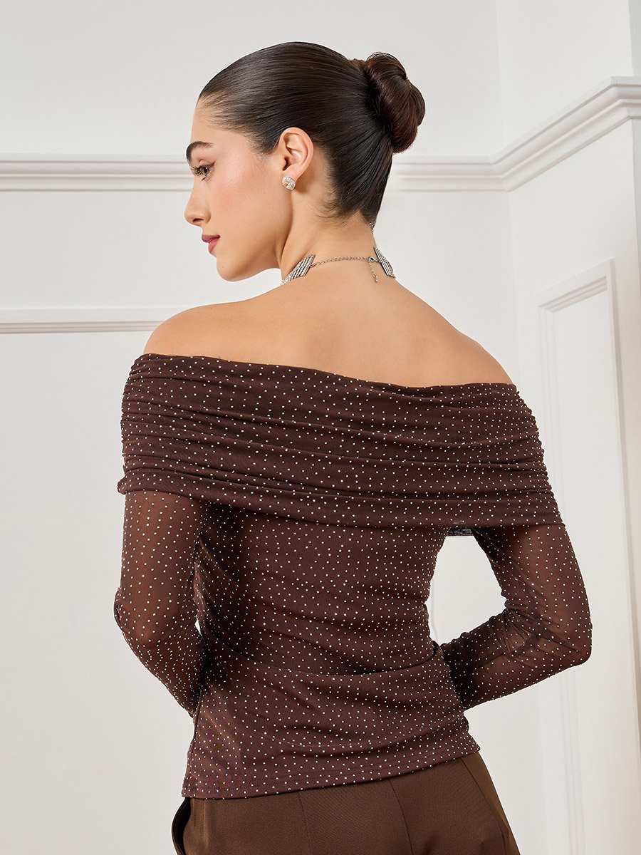 Women Brown Off Shoulder Neck Sequin Top