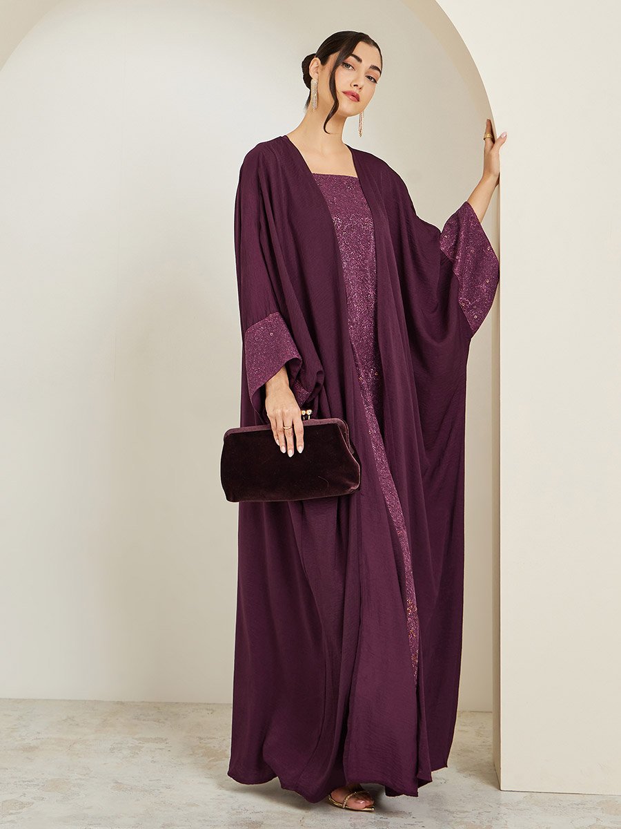 Women Burgundy Embellished Abaya with Inner Dress Set For Women at Kuwait | Styli Women Burgundy Embellished Abaya with Inner Dress Set For Women at Kuwait | Styli